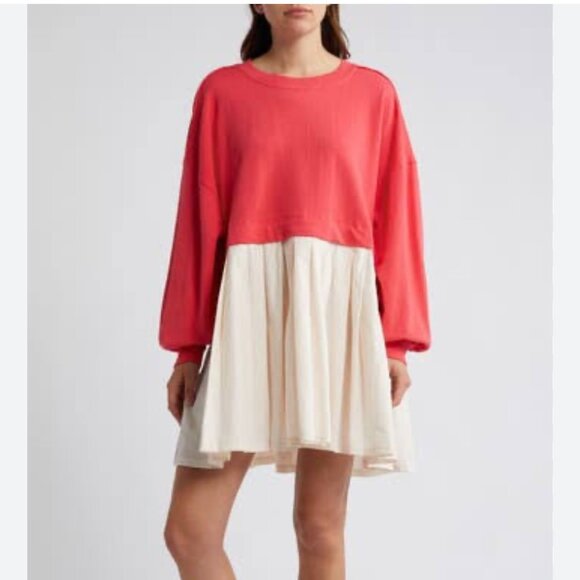FREE‎ PEOPLE Eleanor Slouchy Watermelon Wedge Combo Sweatshirt Dress Size L NWT - Picture 1 of 7
